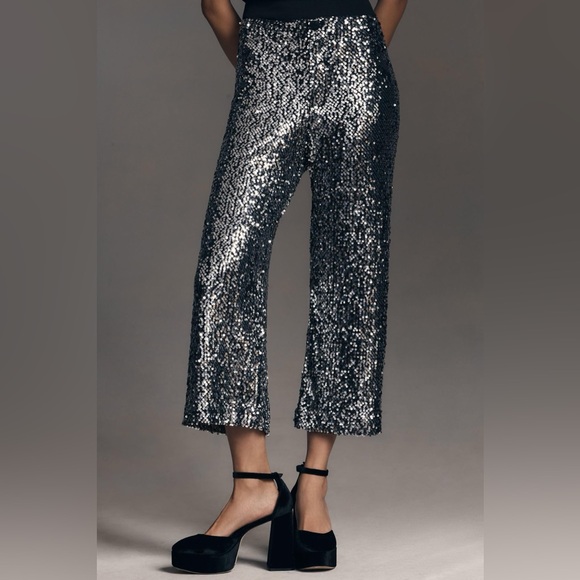 🪩Maeve Anthropologie The Colette Cropped Wide-Leg Sequin Pants in Black - Picture 3 of 8